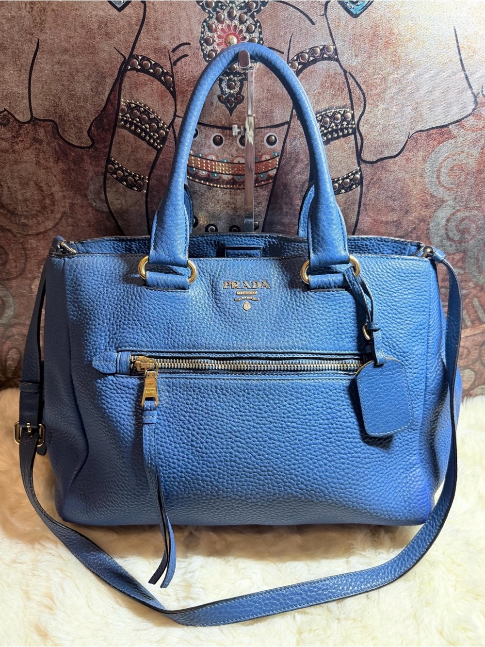 Authentic Prada Cornflower Blue Pebbled Leather Satchel with Gold Hardware